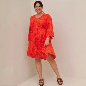Torrid Lace Up Hi-Low Babydoll Dress Stretch Challis Floral Orange | 4 (4X / 26)